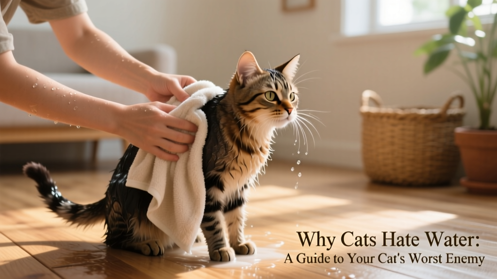 Person gently drying a cat with a soft microfiber towel after a bath
