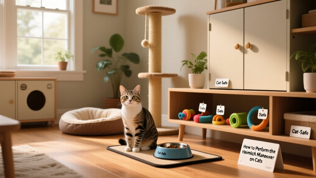 Organized, cat-safe living space with secure storage, slow-feeder bowl, and approved toys visible