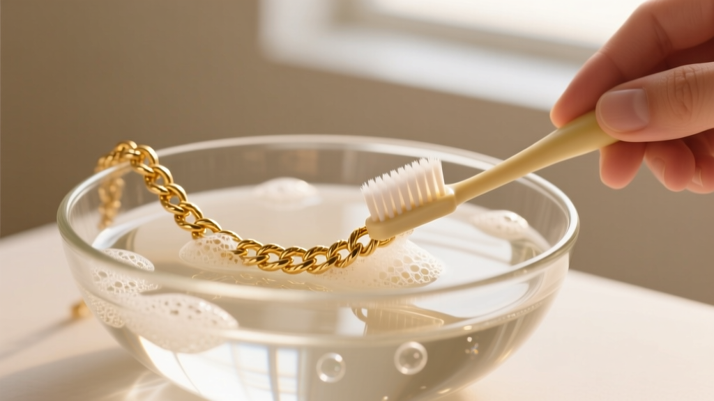 Soft baby-bristle toothbrush gently scrubbing an 18k gold rope chain in a glass bowl of warm distilled water and mild soap