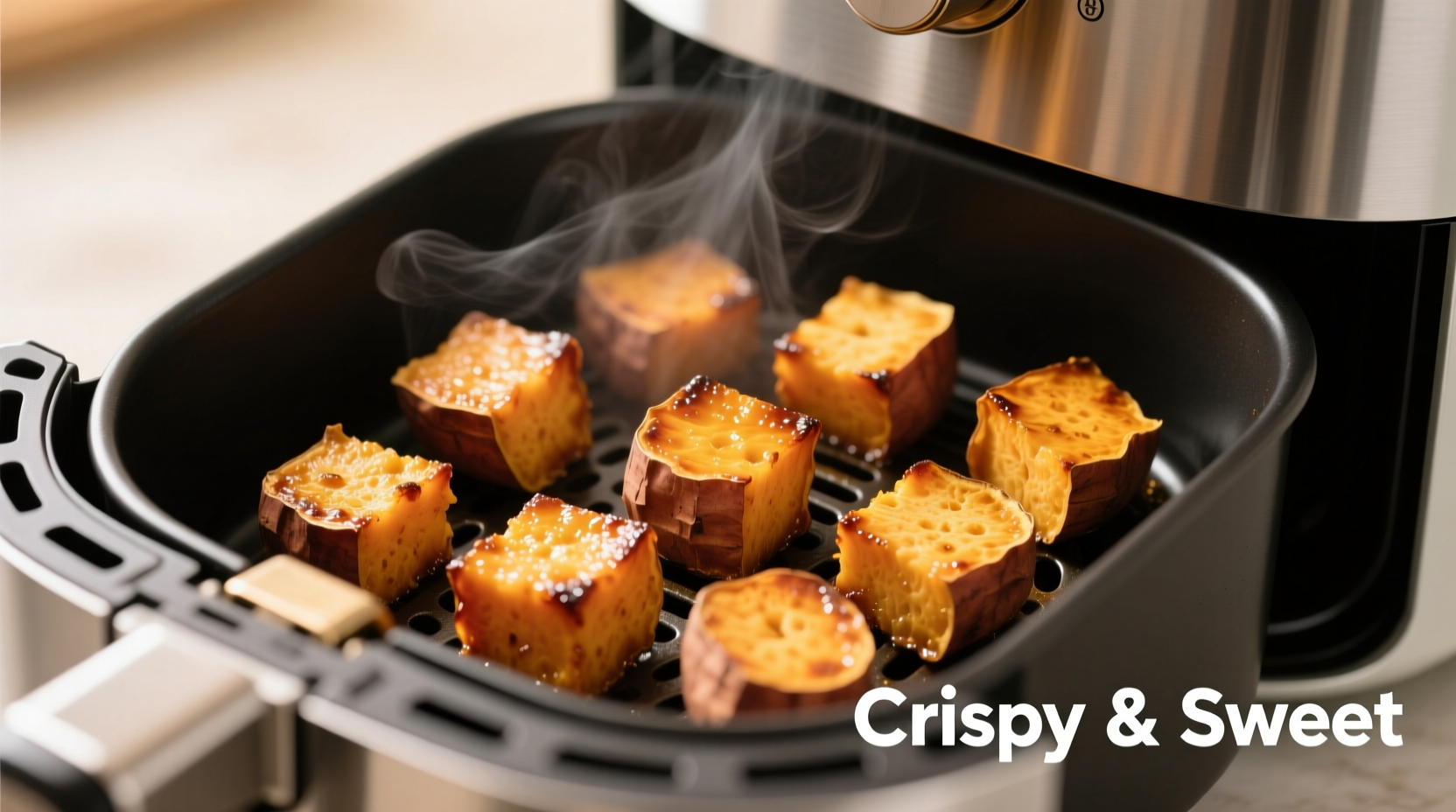 Golden brown sweet potato cubes in air fryer basket