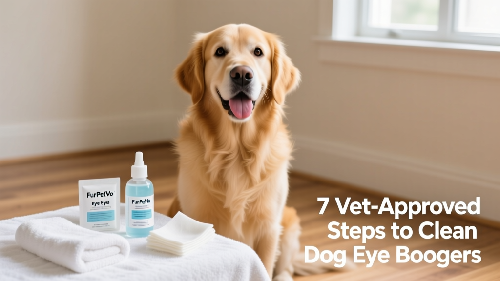 Neat arrangement of FurPetVo eye wipes, saline solution, and soft cloths on a clean towel beside a happy dog