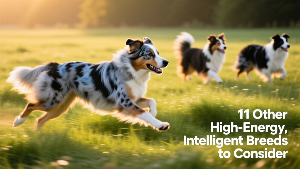Australian Shepherd running confidently through a sunlit meadow, showcasing its athletic build and striking merle coat