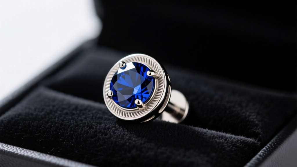 Macro shot of 16-gauge implant-grade titanium flat-back labret with bezel-set sapphire, resting on a dark velvet display tray