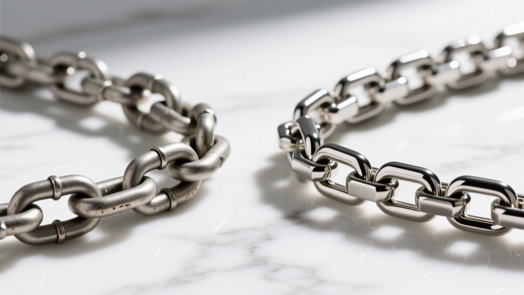 Side-by-side comparison of zinc alloy chain link and stainless steel box chain, highlighting the difference in clasp quality.