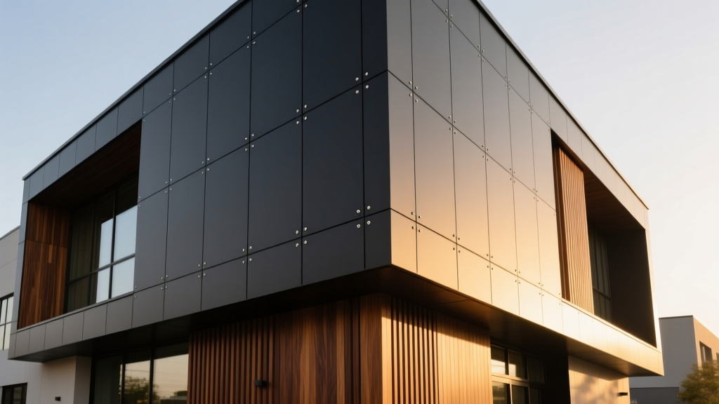 Modern commercial building exterior featuring dark charcoal Kenshi composite cladding panels with hidden fasteners and warm wood accents