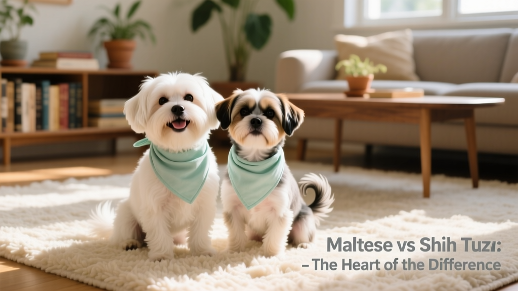 A happy Maltese and Shih Tzu sitting side by side on a soft rug, each wearing a simple, matching bandana — illustrating their friendly, companionable nature