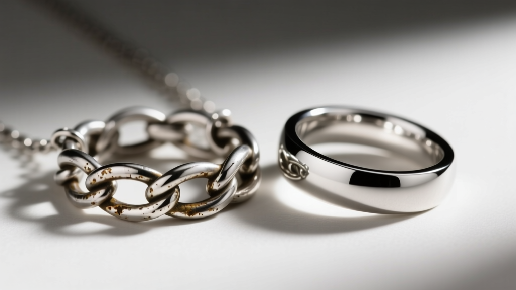 Macro shot comparing a tarnished sterling silver interlocking ring necklace with a bright, scratch-resistant platinum alternative