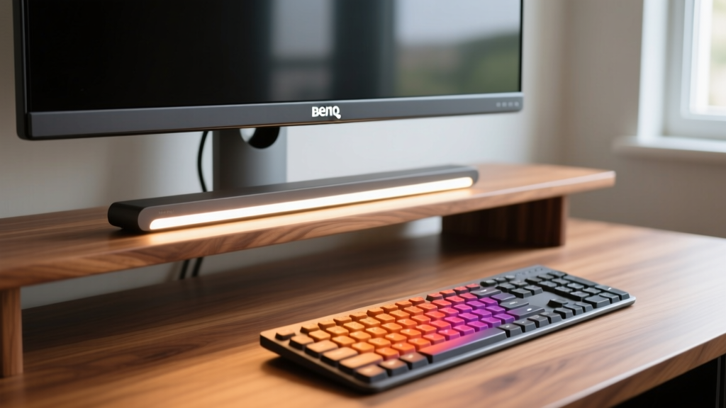 Close-up of a BenQ ScreenBar Halo monitor light bar illuminating a wooden desk keyboard without casting glare on the curved display