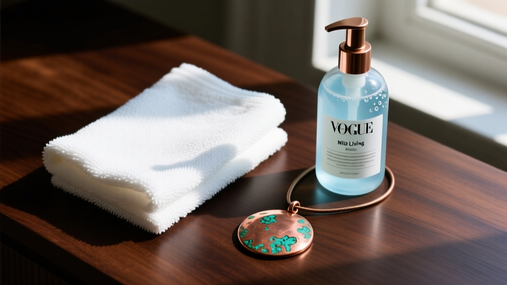 Flat lay of cleaning supplies including a microfiber cloth, mild soap, and a patinated vintage copper pendant on dark wood.