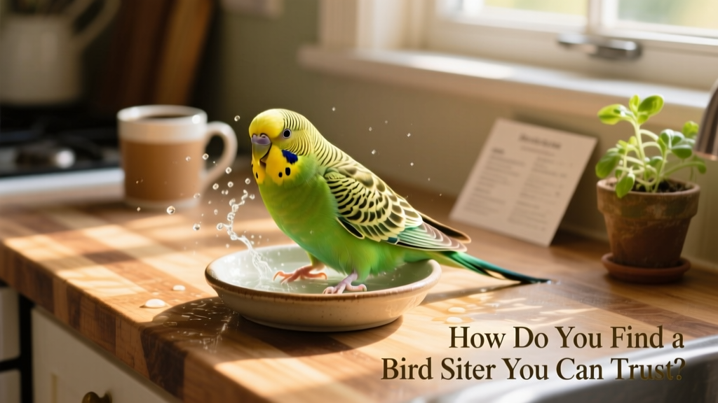 A cheerful, well-cared-for budgie enjoying a bath in a shallow dish on a sunny countertop