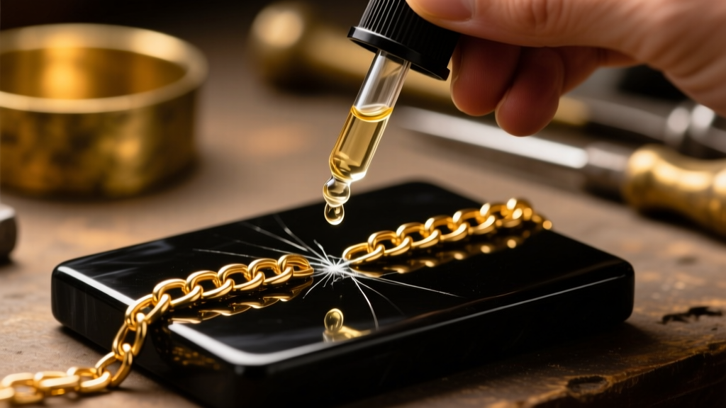 Jeweler applying nitric acid from a bottle onto a scratch mark on a gold chain link using a black touchstone under warm lighting