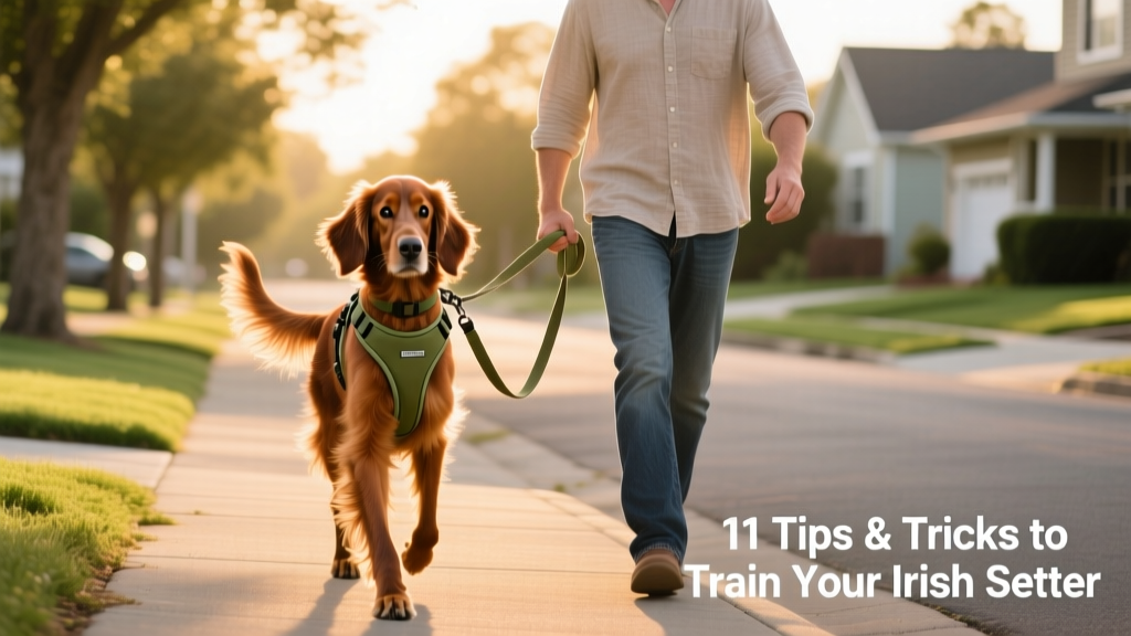 A young Irish Setter confidently walking beside its owner on a sunny neighborhood street, wearing a lightweight harness and loose leash