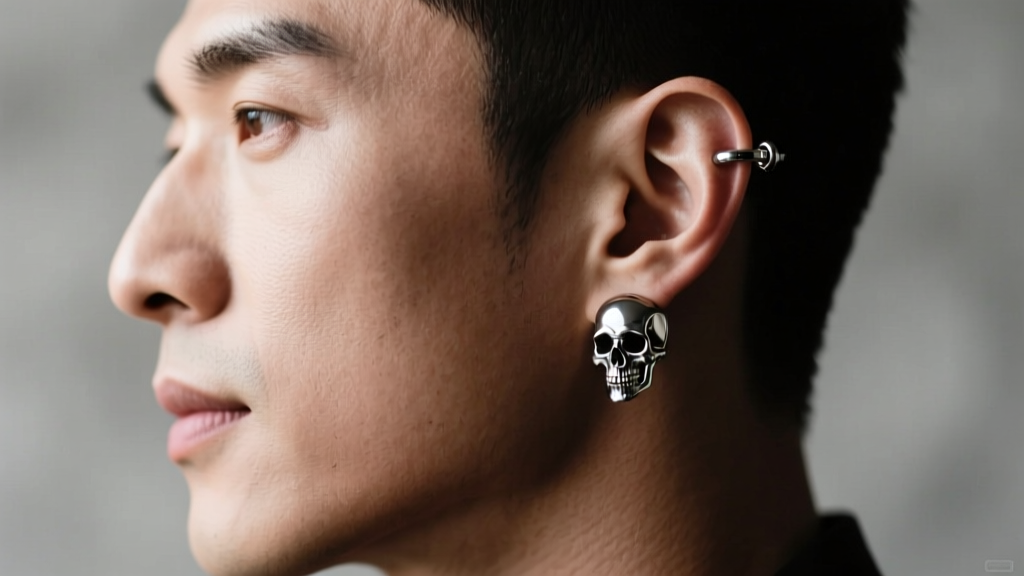 Side profile of a man wearing a 12-gauge steel skull huggie earring with a clicker hinge mechanism on the upper helix cartilage