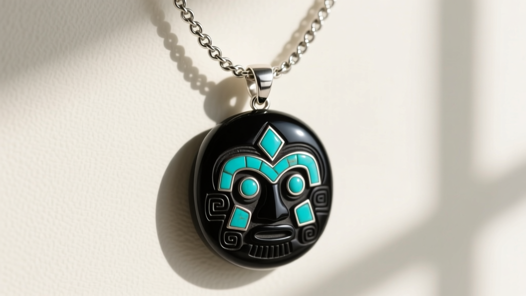 Heavy 5mm sterling silver rolo chain supporting a large carved black obsidian Coatlicue pendant with turquoise inlay.