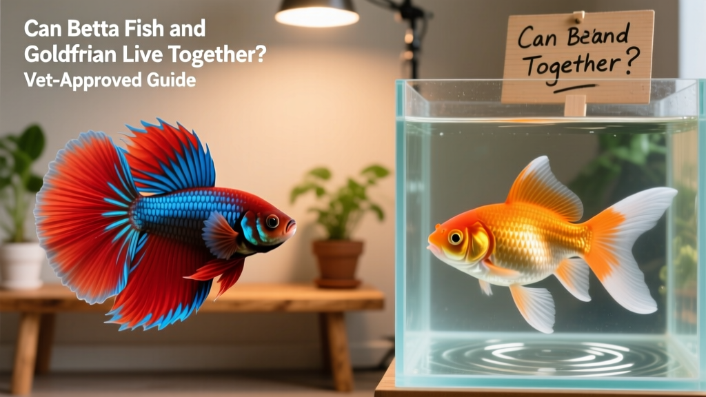 Side-by-side comparison of a vibrant betta fish flaring near a calm goldfish in separate tanks