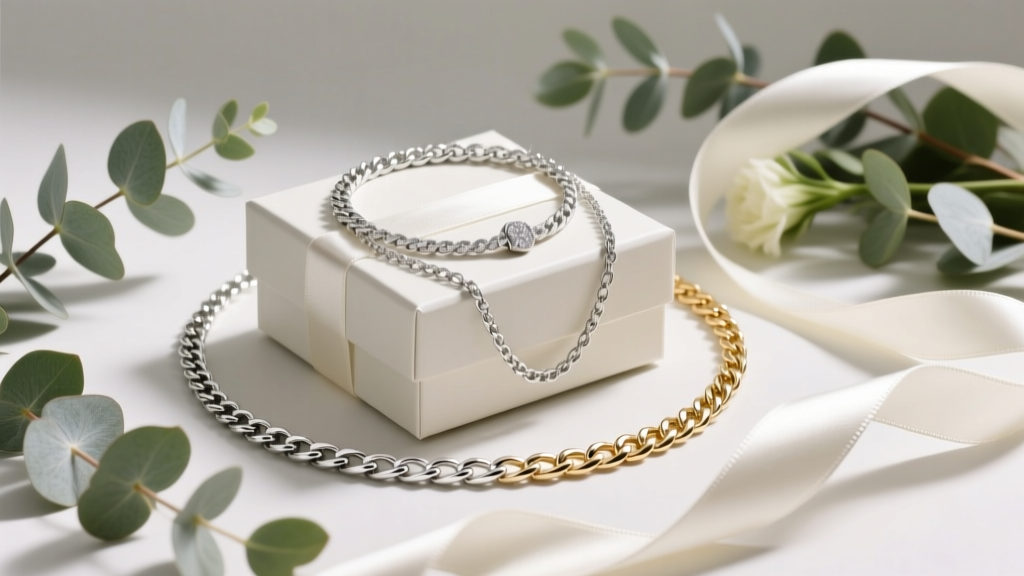 Gift box with an 18-inch platinum box chain and 20-inch white gold figaro chain, surrounded by eucalyptus and a satin ribbon