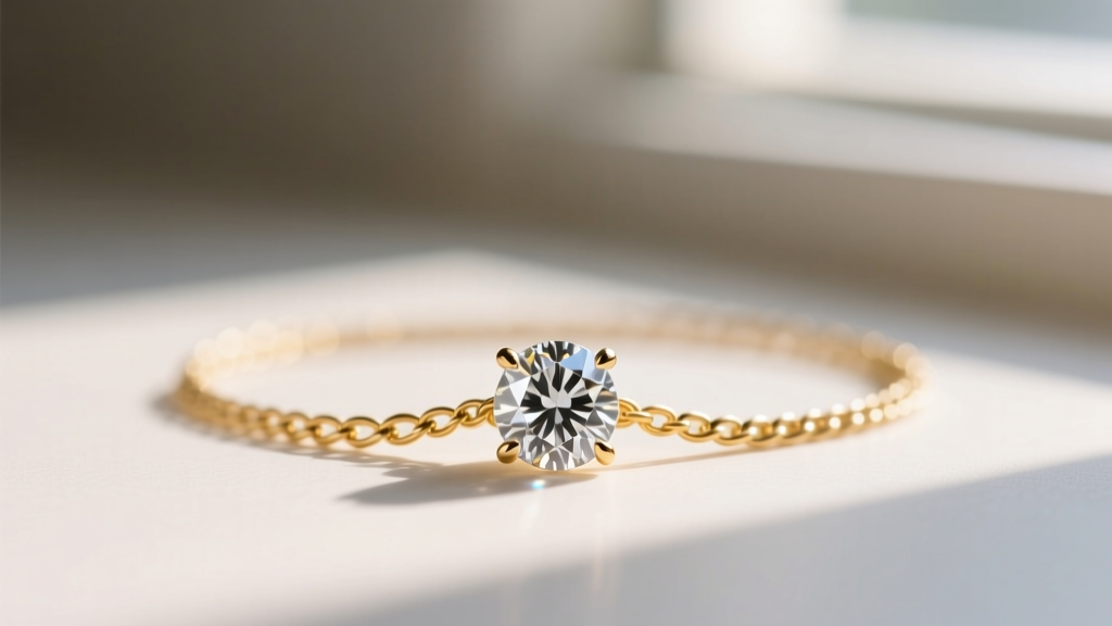 Close-up of a delicate diamond solitaire pendant layered with a 2mm gold-filled figaro chain in soft morning light.