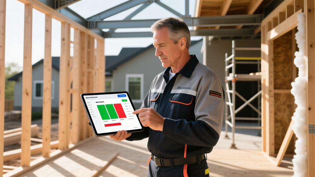 Construction project manager reviewing a digital building material list calculator on a tablet while standing on a residential framing site