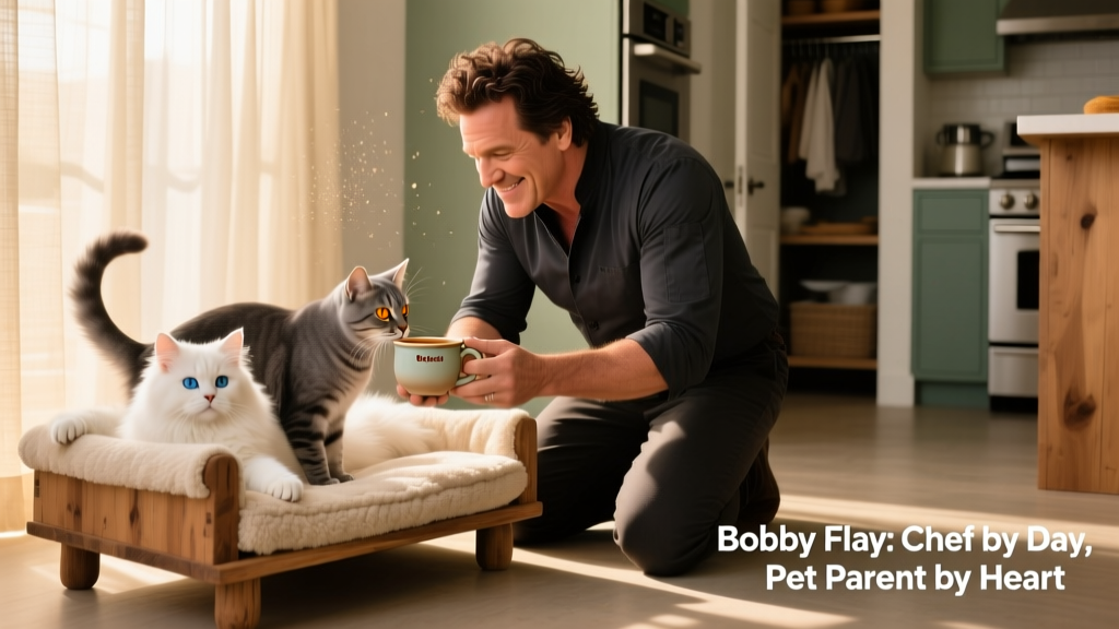 Bobby Flay kneeling beside a cozy cat bed, holding a small cup of FurPetVo bone broth as Nacho sniffs it curiously and Stella stretches nearby