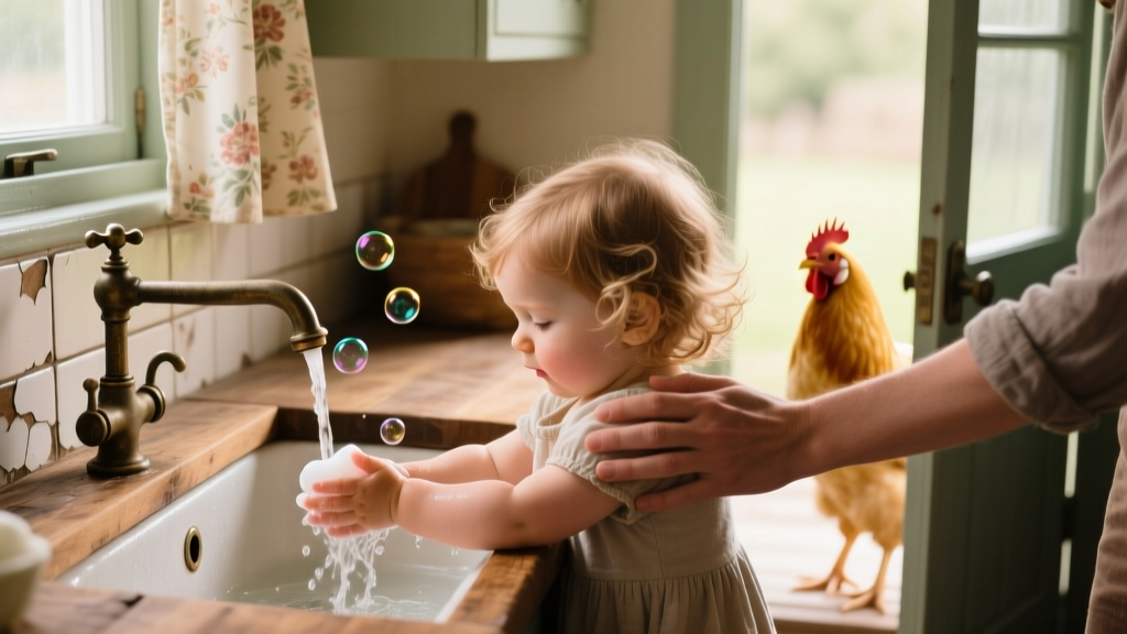 Toddler carefully washing her hands at a sink with soap and water, supervised by an adult