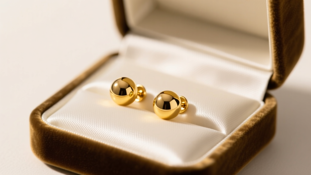 Open velvet box revealing a pair of polished 5mm 14k yellow gold ball stud earrings on white silk under warm light
