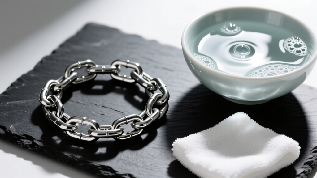 Top-down view of a 316L stainless steel chain on dark slate beside a bowl of soapy water and a soft microfiber cloth