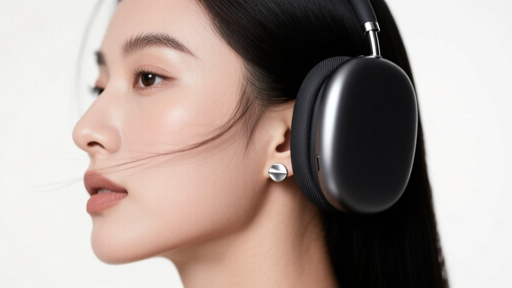 Side profile of a woman wearing black over-ear headphones and small titanium flat-back stud earrings in soft studio lighting.