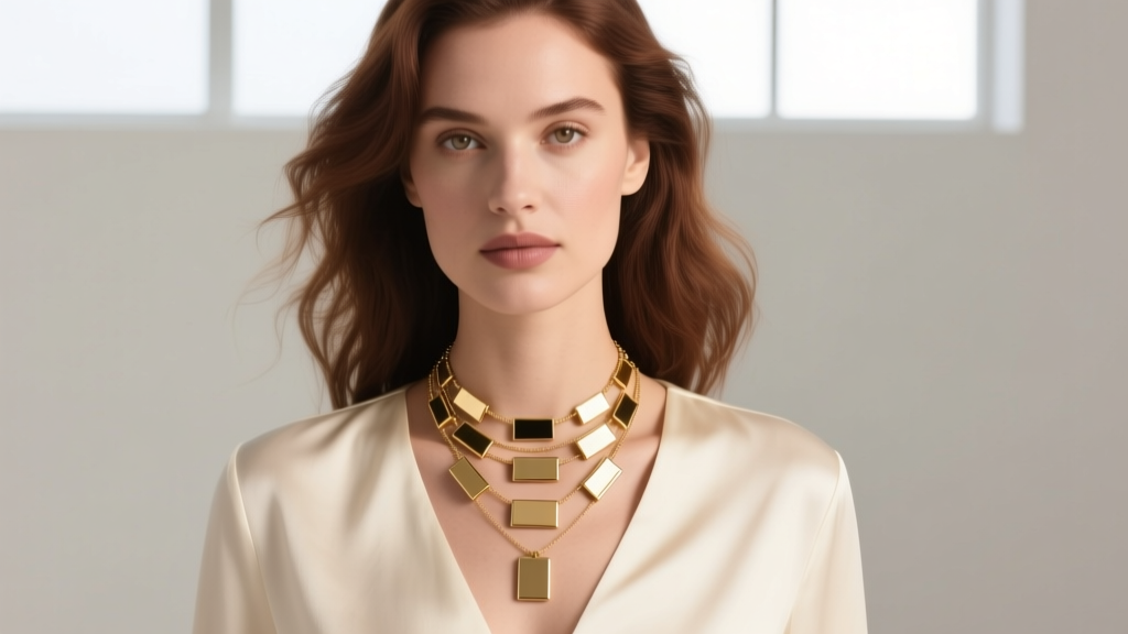 A woman wearing a layered 14k gold rectangle necklace stack, soft lighting highlighting the geometric pendants on her collarbone.