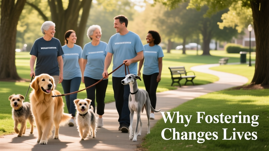 A diverse group of volunteers smiling and holding leashes while walking several friendly dogs in a local park