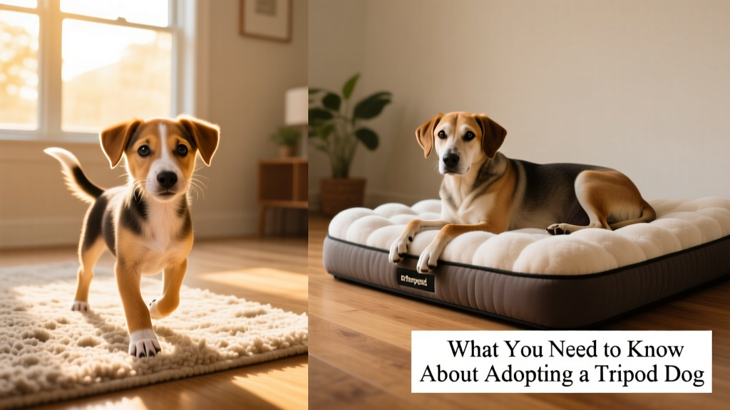 Side-by-side comparison: a young tripod puppy confidently navigating a soft rug, and an older tripod dog resting comfortably on an orthopedic bed
