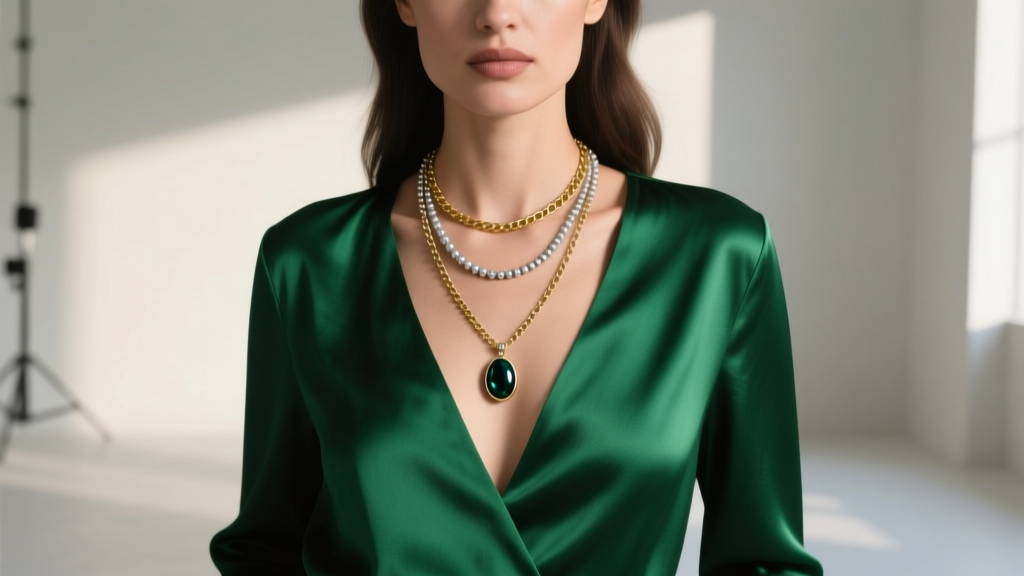Woman wearing a three-piece long layered necklace over a deep V-neck emerald blouse, the longest chain resting at the sternum.