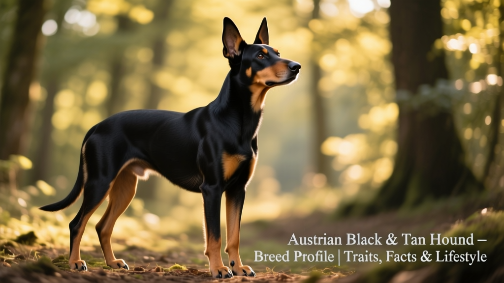 Austrian Black & Tan Hound standing alert in a forest clearing, ears perked and nose lifted, showcasing its sleek black-and-fawn coat