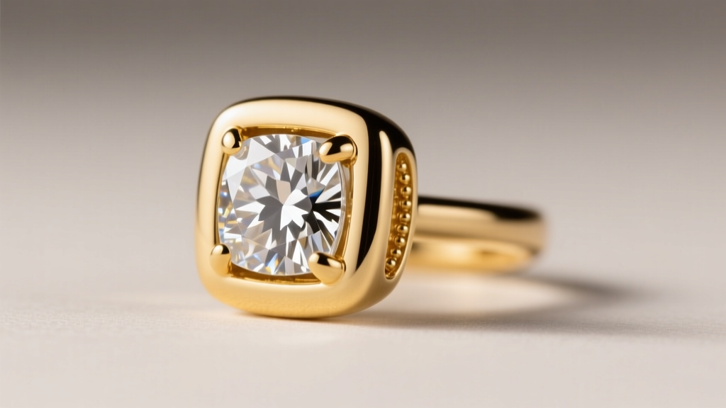 Macro shot of a cushion cut diamond earring in a bezel setting, highlighting the seamless 18k yellow gold rim and backing.