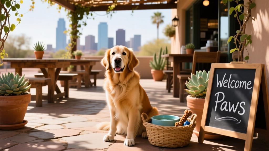 A dog sits comfortably on the shaded patio of a dog-friendly restaurant in Phoenix