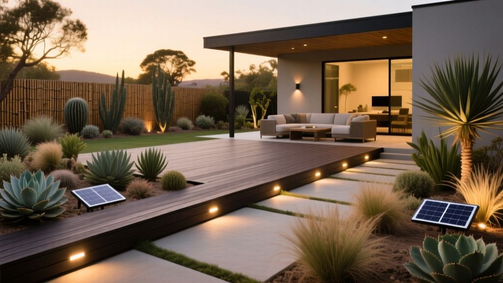Modern backyard deck built with dark bamboo composite boards, surrounded by native drought-tolerant plants and solar lights