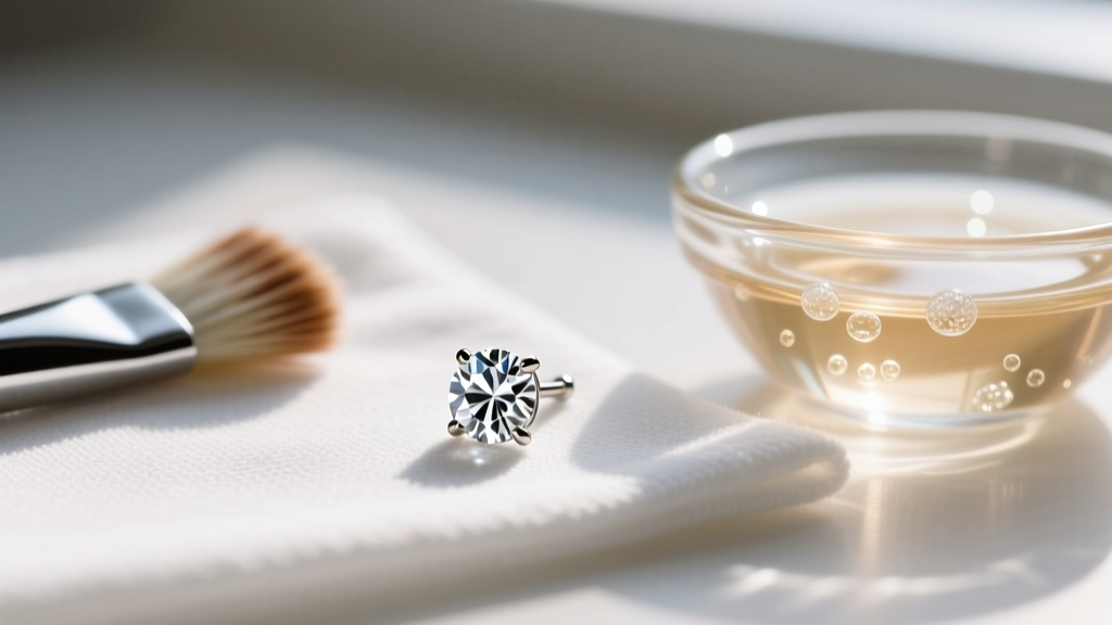 Macro shot of a 4mm diamond stud earring on a microfiber cloth beside a soft brush and a small glass bowl of warm soapy water.