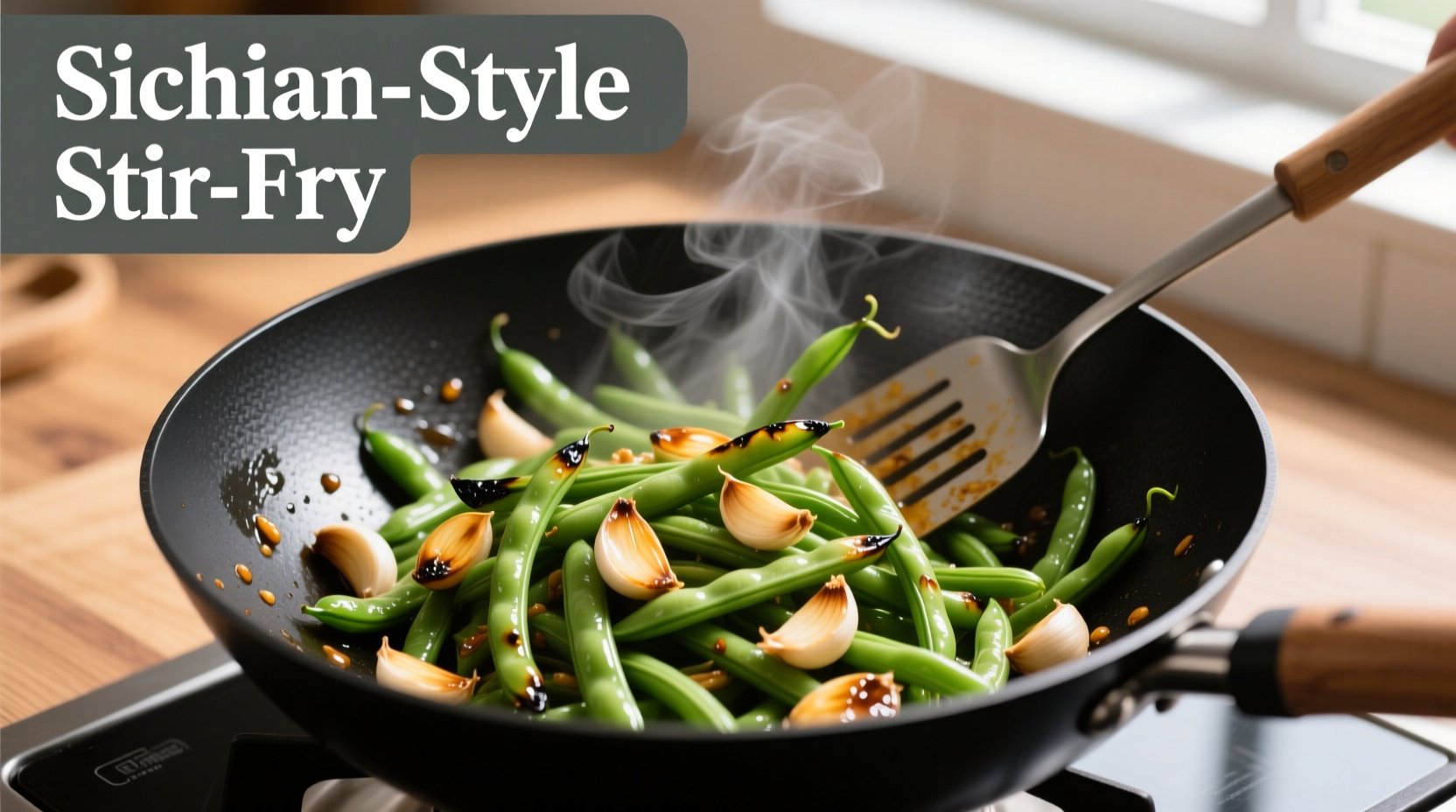 Crisp Asian string beans with garlic in wok