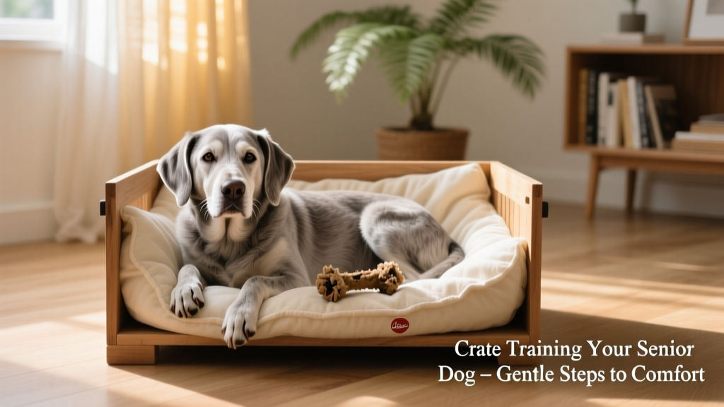 Senior dog calmly resting inside a cozy, open crate with soft bedding and a chew toy