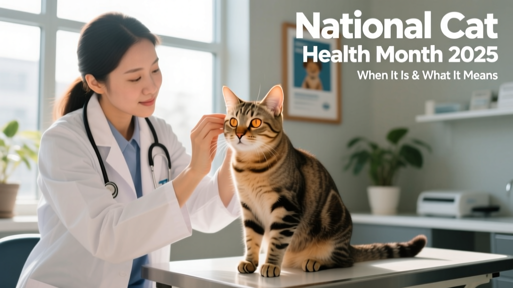 A veterinarian gently examining a calm cat’s ears and eyes during a routine wellness visit