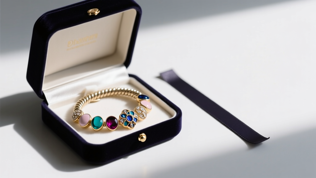 Open velvet jewelry box containing a coiled charm it necklace with enamel charms, placed next to a dark anti-tarnish strip.