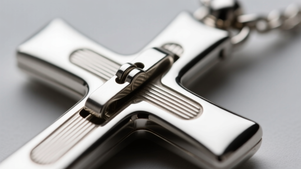 Macro shot of a sterling silver cross locket hinge mechanism, showing a flush steel pin and secure clasp catch in bright light.