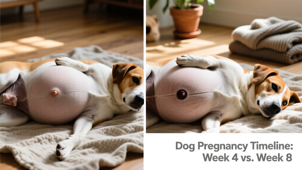 Side-by-side comparison showing a dog's belly at week 4 versus week 8 of pregnancy, highlighting gradual abdominal growth and nipple development