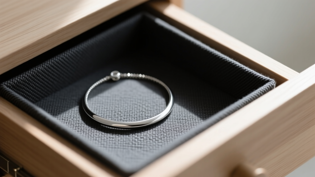 Silver necklace on dark grey anti-tarnish cloth lining in a drawer, showing the woven fabric texture and neat corner stitching.