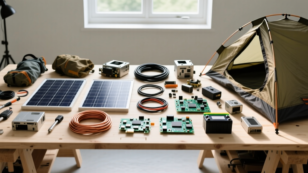 Disassembled outdoor electronics, solar cables, and recycled camping gear laid out on a workbench for end-of-life e-waste sorting.