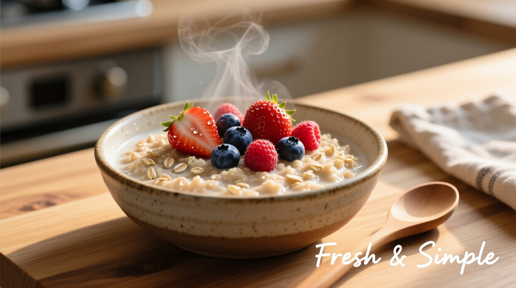 Creamy cooked oatmeal with fresh berries