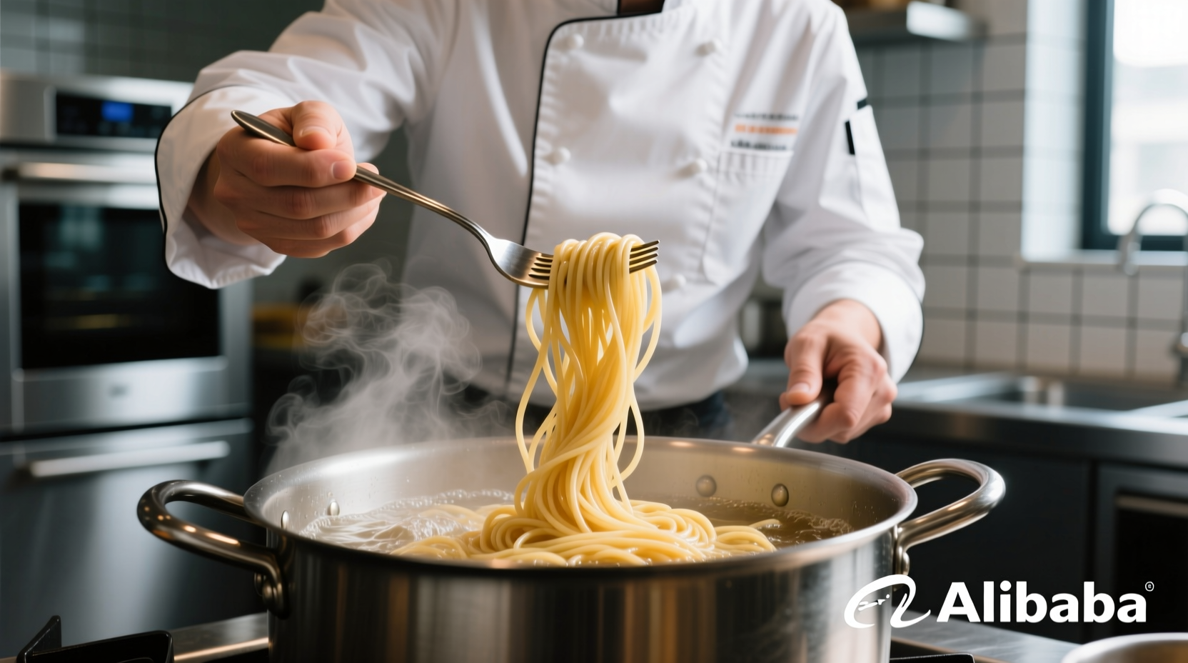 Chef testing spaghetti doneness with fork in boiling water