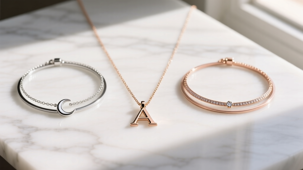 Flat lay of three layered dainty necklaces with an initial pendant and moon motif, styled on white marble with soft natural light.