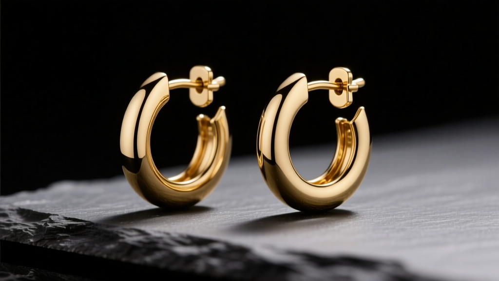 Medium 14k brushed gold hoop earrings on dark slate, soft directional lighting highlighting the matte texture and hinged clasp
