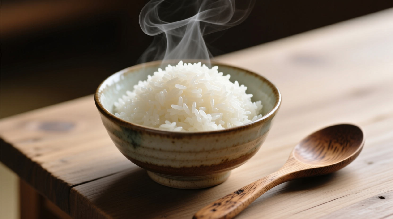Perfectly cooked white rice in ceramic bowl with wooden spoon