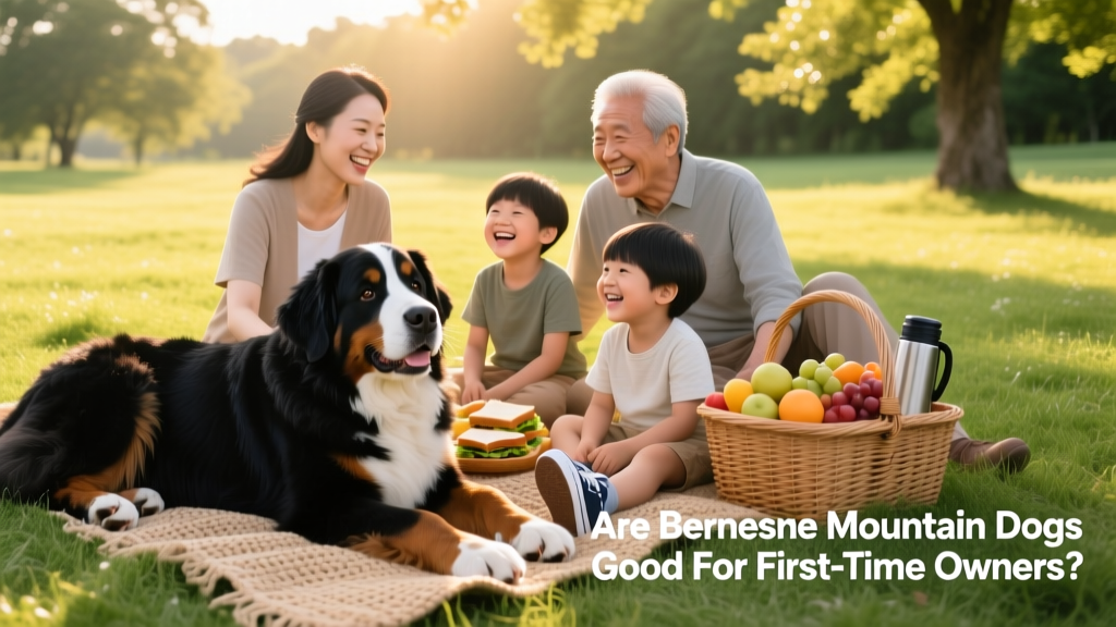 A smiling family enjoying a picnic with their Bernese Mountain Dog lying peacefully nearby